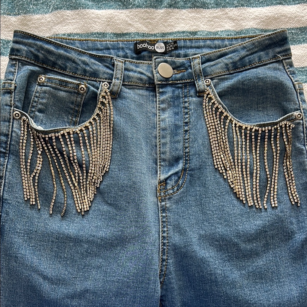 Rhinestone Cowgirl Glitzy Rhinestone Bedazzled Fringe Denim Jeans - Size 4 - Picture 9 of 9